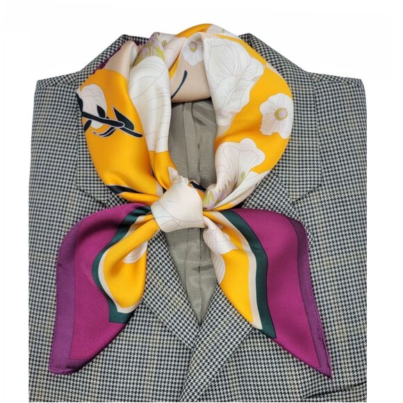 ✨Luxury Women Silky Satin Scarf Bandana Yellow Purple Color Block Floral Soft✨ - Picture 1 of 5